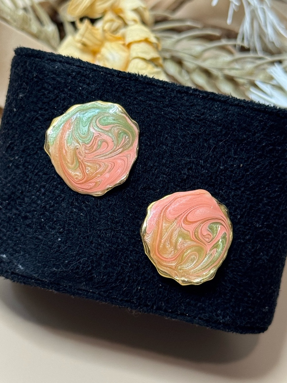 Vintage Pink Green Swirl Enamel Gold Tone Round Stud Earrings